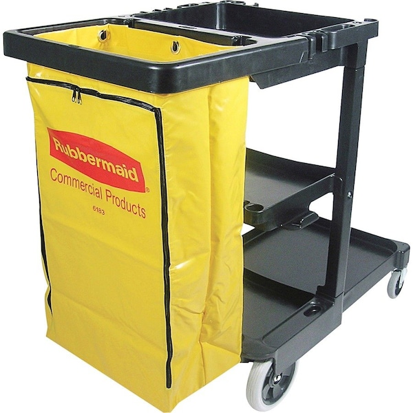 Rubbermaid Commercial Janitor Cart, Vinyl Bag, 3 Shelves, 21-3/4"x46"x38-3/8", BK/YW RCP617388 - main